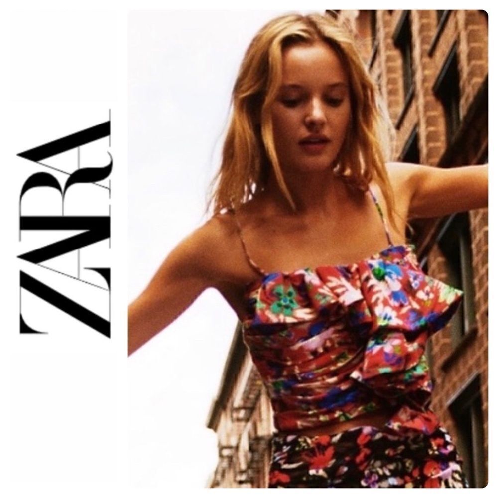 NWT Zara Floral Draped Ruffled Corset Crop Top in Red Multicolored, Size XS